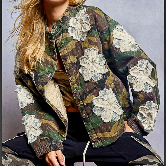 POL Jackets & Blazers - POL Camo jacket with embroidered flowers
